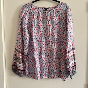 New Talbots Popover Top Blue Pink Band Neck Front Buttons Long Sleeve Sz XL